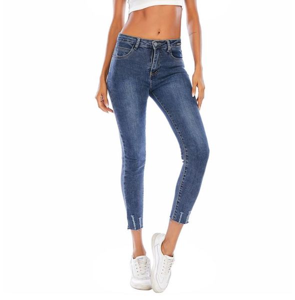 

high elasticity, waist, holes, women's denim trousers, pants, cropped pants jeans, Blue