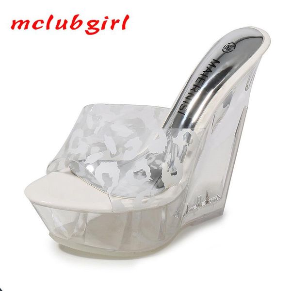 

dress shoes mclubgirl 2021 14cm heels women's summer sandals transparent crystal heel slope leopard wz, Black