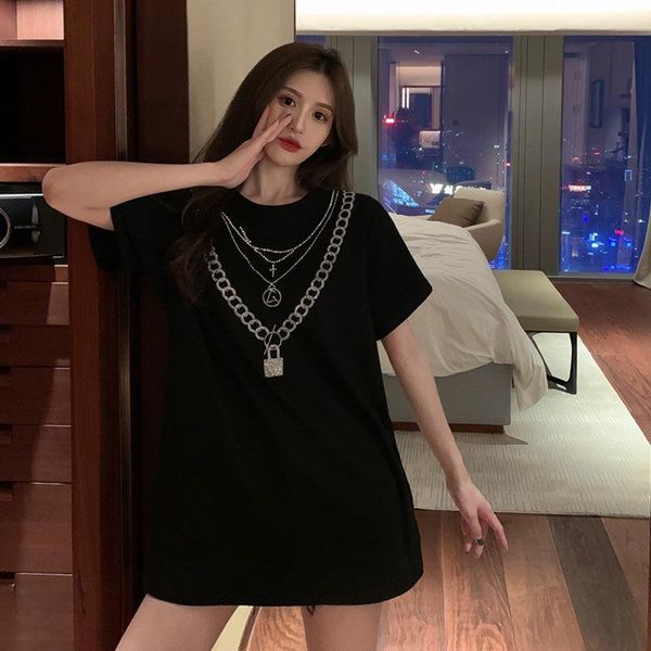 

cotton plus size women's clothes short sleeve 2021 mid-length heavy embroidery drilling t-shirt female student loose top, White