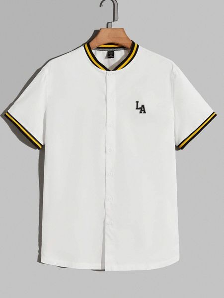 

men letter graphic contrast trim shirt l95k#, White;black