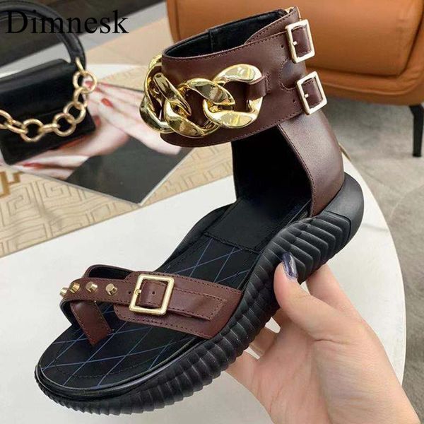 

sandals summer flat thick sole women real leather metal chain decor belt buckle clip toe sandalias runway vacation shoes ladies, Black