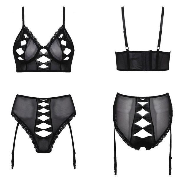 

bras sets lingerie for women hollow out bra set see-through mesh lace underwear underwire unlined erotic garters briefs, Red;black