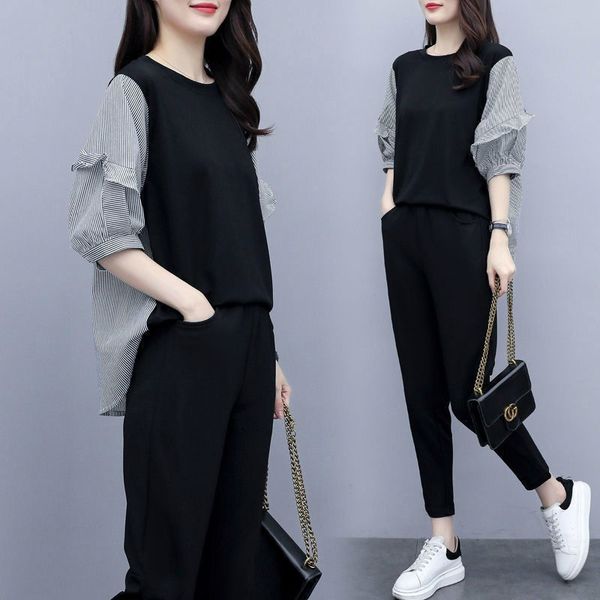 

plus size women's new casual loose slim fit stripe two-piece set, Gray