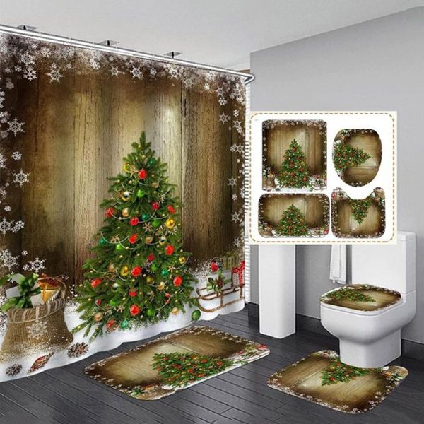 

shower curtains 4 pc/set christmas curtain set with non-slip carpet, toilet cover and bath mat, waterproof