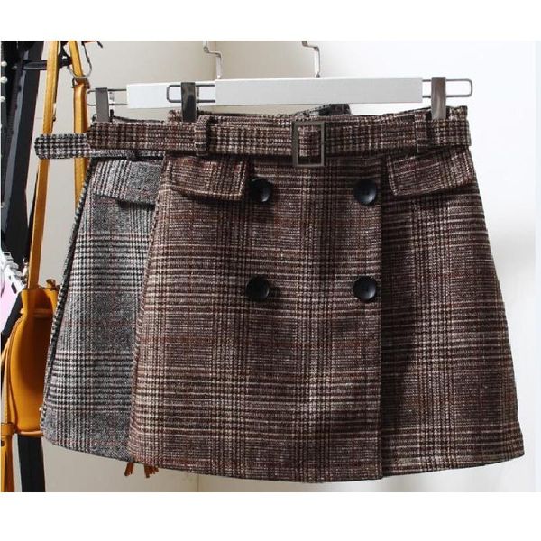 

skirts autumn and winter half-length women female temperament belt wool plaid large size high waist slim a-shaped skirt, Black