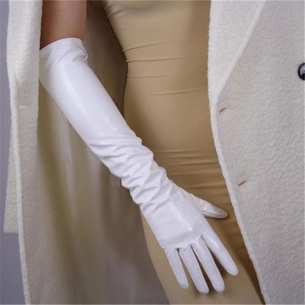 

five fingers gloves 50cm long section patent leather emulation sheepskin pu bright white women, Blue;gray