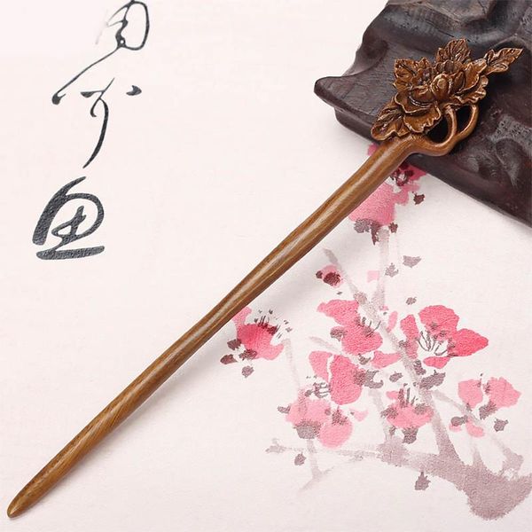 

hair clips & barrettes red sandalwood peony carved sticks wooden magnolia flower pins hairwear jewelry headdress for girlfriend gift bh, Golden;silver