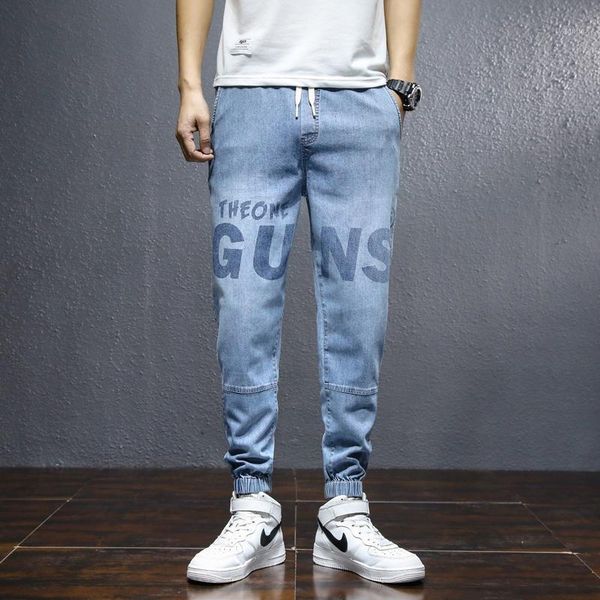 

men's jeans men fashion baggy street casual harem pants letter print light blue hip hop oversized tie feet streetwear denim 2021