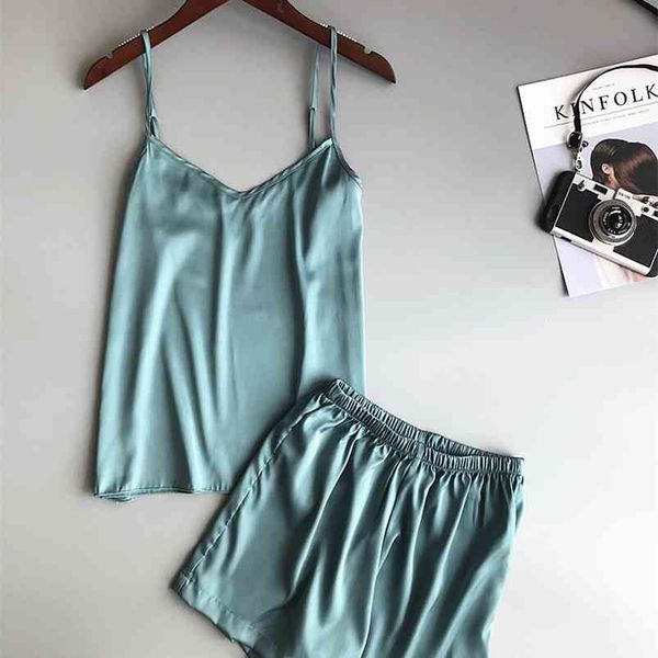 Gelo Silk Twinset Coreano Cor Sólida Mulheres Pijamas Camisole Pijama Set Mulher Verão Vest Shorts Terno 210831