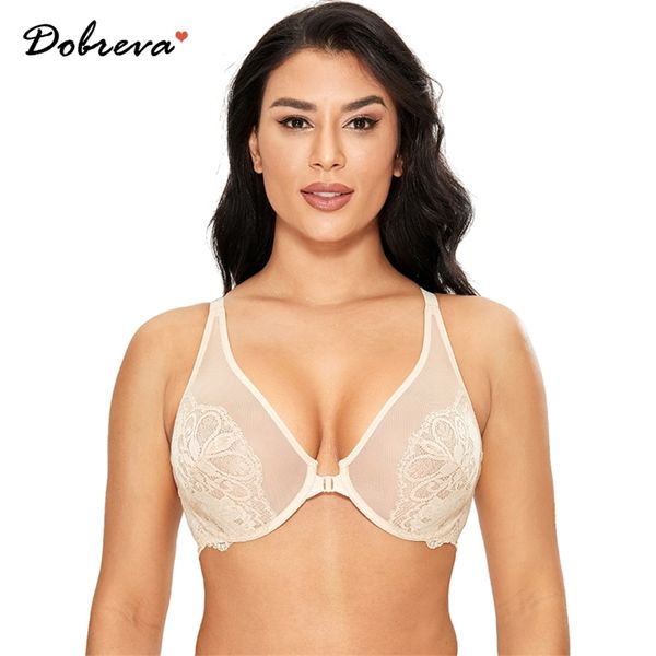 DOBREVA Damen-BH mit Frontverschluss, ungefüttert, Bügel, Übergröße, Minimizer-Bralette, Spitze, durchsichtiger BH, Körbchengröße DD E F 210728