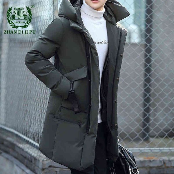 

korean jacket mid-length down men winter thick hooded big pockets overcoats male casual slim windproof jackets mens clothing, Black
