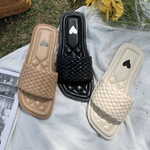 

slippers 2021 luxury design weave women summer fashion shoes lady low heels slides square toe female flats, Black