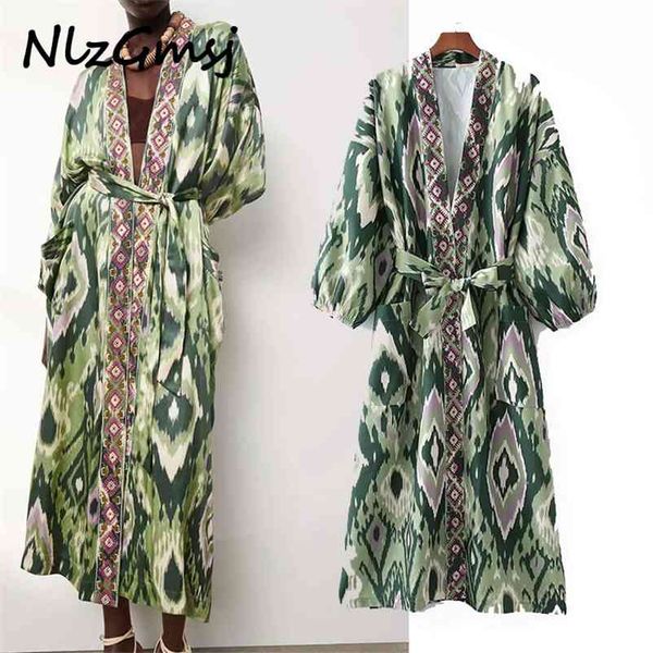 

woman dress green print midi kimono women summer belt long puff sleeve japanese style wrap 04 210628, Black;gray