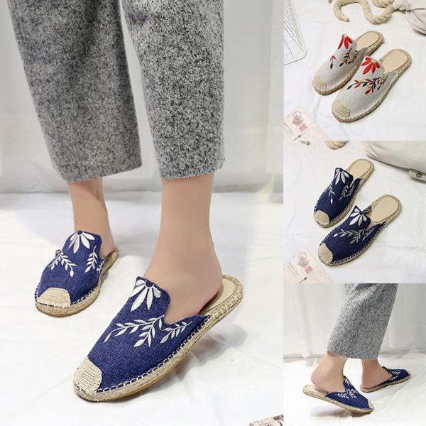 

slippers ladies fashion embroider flat sandals slipper round toe casual shoes personality embroidered straw women, Black