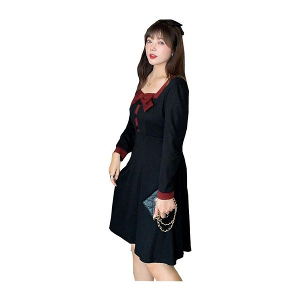 

women's autumn french square collar contrast color bowknot buttoned dress plus size knee length casual 100kg can be worn dresses, Black;gray