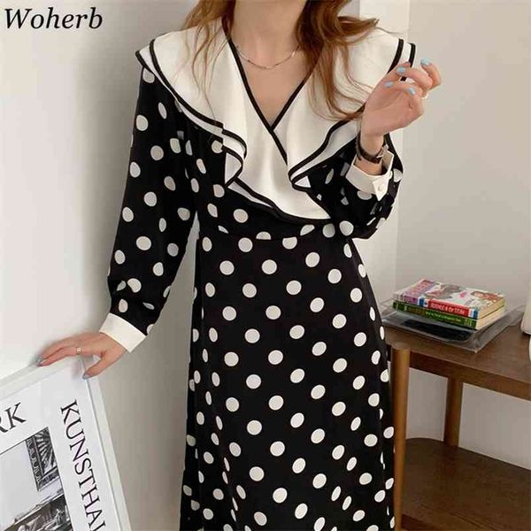Kadın Yaz Vintage Şifon Elbise Uzun Kollu Polka Dot Baskı Parti Elbiseler Bayanlar Zarif Rahat Fırfır Vestidos 210519