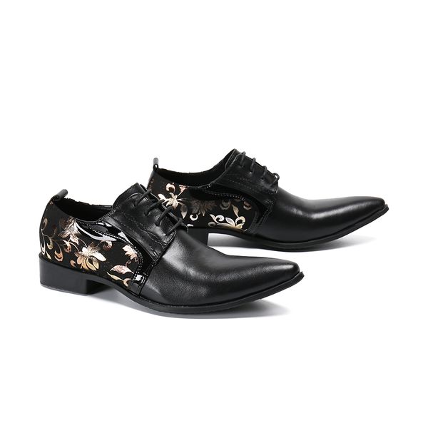 

classic men formal genuine leather shoes pointed toe lace up print for men dress business oxford shoes sapato social masculino, Black