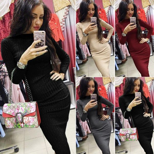 

casual dresses women ladies autumn winter long sleeve knitted bodycon sweater knee-length dress knitwear, Black;gray