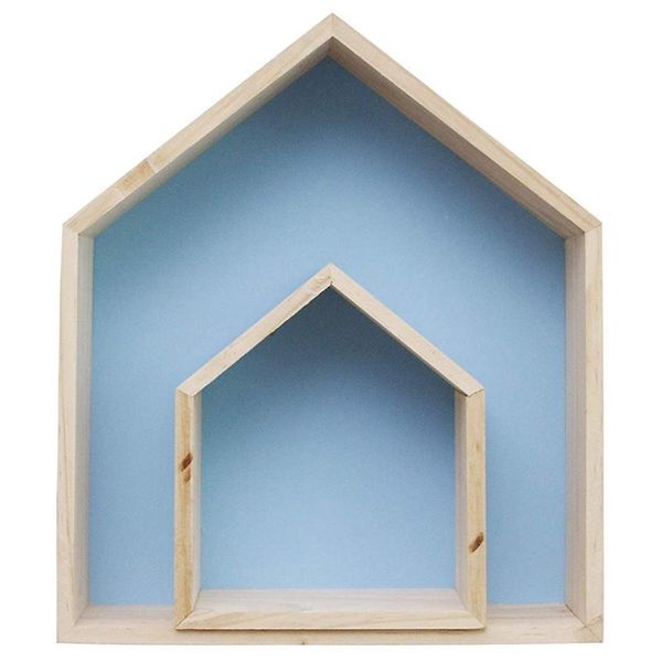 

bathroom shelves 2pcs lovely wooden house-shaped wall storage shelf kid's room decoration (blue)