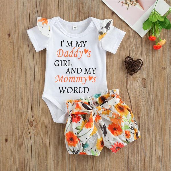

baby girls summer breathable outfits 2pcs, fashion short sleeve round-neck letter print bodysuit + floral shorts set clothing sets, White
