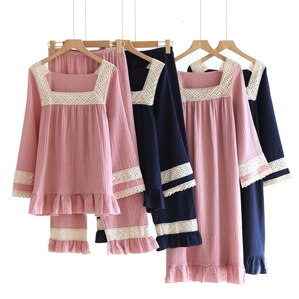 

women's sleepwear 2021 spring autumn ladies 100% gauze cotton pajamas set comfort loose girls square collar full sleeve women slee, Black;red