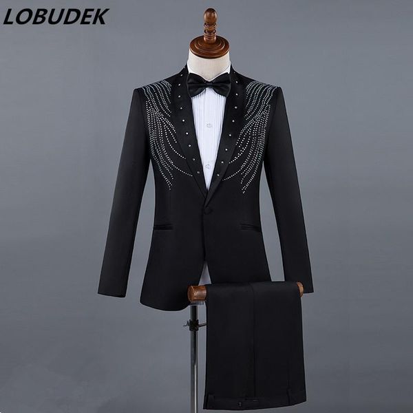 

formal men suits black crystals blazers singer chorus performance costume wedding master prom compere studio show stage outfits men's &, White;black