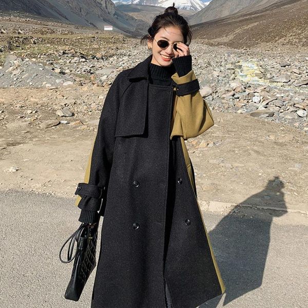 

women's wool & blends [ewq] 2021 contrast spliced woolen overcoat women autumn winter high-quality warm clothing coat female tide 16r53, Black