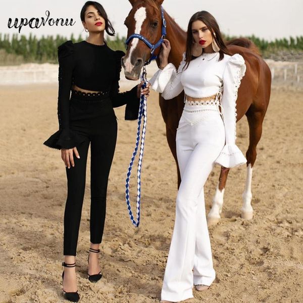 

women's two piece pants elegant ladies bandage set 2021 style horn long sleeve hollow lace up & pencil 2 sets, White