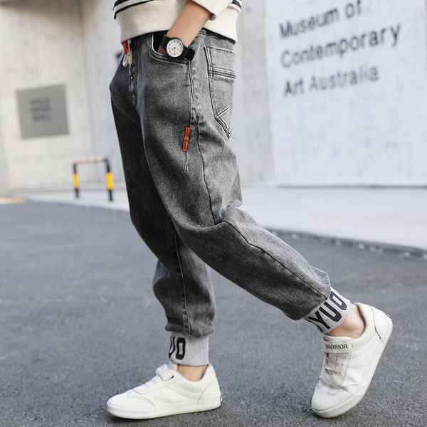 

jeans 2021 spring and autumn fashion boys' solid color letter printing handsome casual loose overalls, Blue