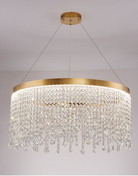 Moderne LED-Kronleuchterbeleuchtung Wohnzimmer lange Kristallquaste runde Kronleuchter Innenhaus Deocr polierter Goldglanz
