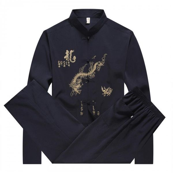 

men's tracksuits traditional chinese dragon emboridery men set mandarin collar shirt +ankle pants summer two piece sets 2021 man clothe, Gray