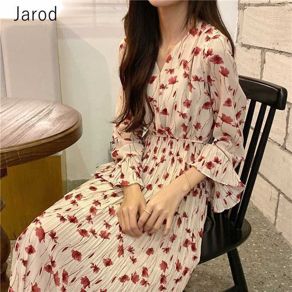 

elegant floral print v-neck flare sleeve chiffon pleated dress spring elastic waist robe vestidos femme 210526, Black;gray