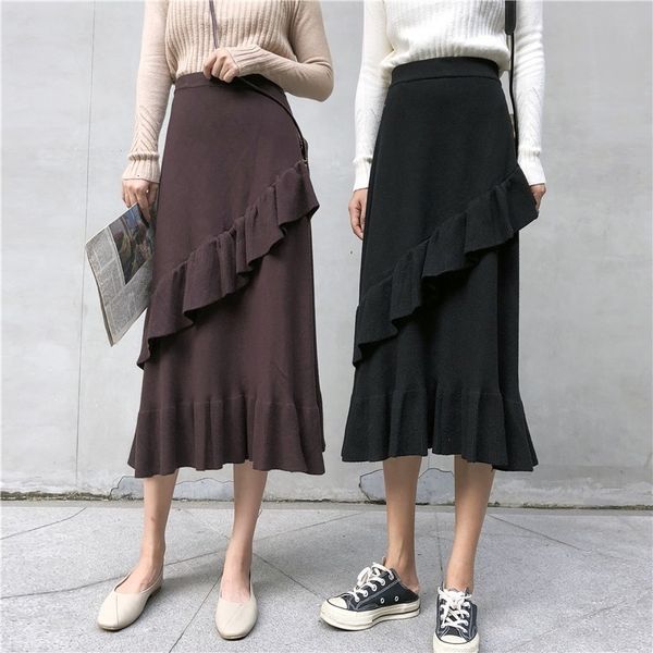 

skirt a line high waist long ruffle skirt autumn winter women skirts, Black