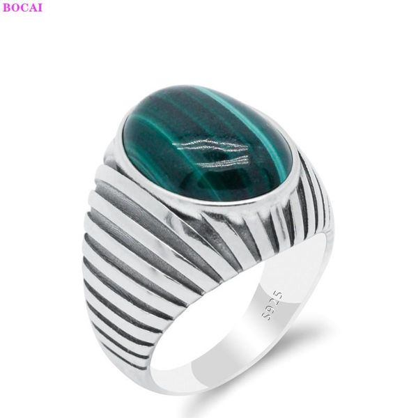 

cluster rings s925 sterling silver ring ancient thai stripe pattern malachite precious coral pure argentum gemstone for men, Golden;silver