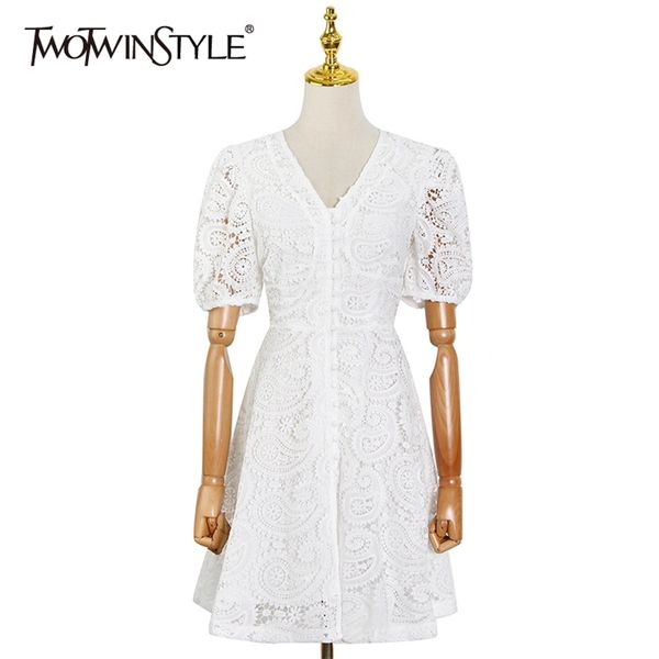 

white elegant dress for women v neck puff short sleeve high waist hollow out mini dresses female fashion style 210520, Black;gray