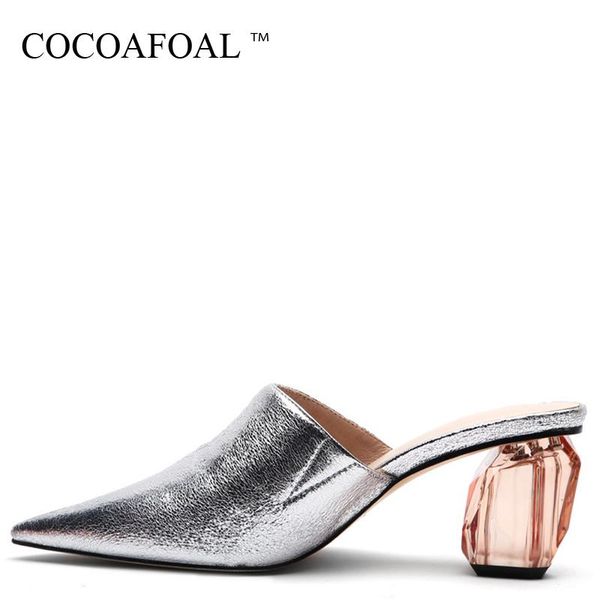 

slippers cocoafoal summer women's silver gold slipper transparent heels shoes pointed toe woman crystal heel sandals 2021, Black