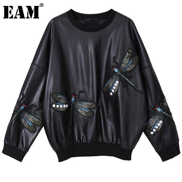 

[eam] loose embroidery pu leather sweatshirt round neck long sleeve women big size fashion tide autumn winter 2021 1dd1865 women's hood, Black