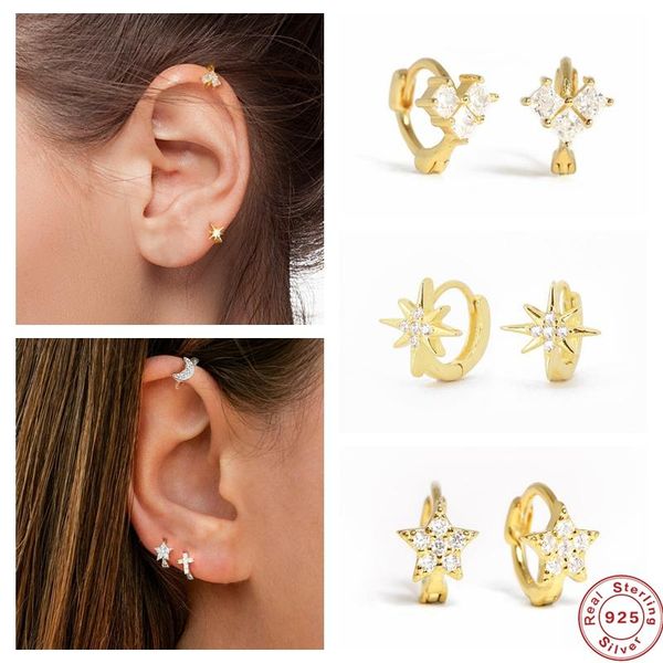 

real 925 sterling silver circle round hoop earrings for women's fashion cross/star/moon zircon charming party jewelry & huggie, Golden;silver