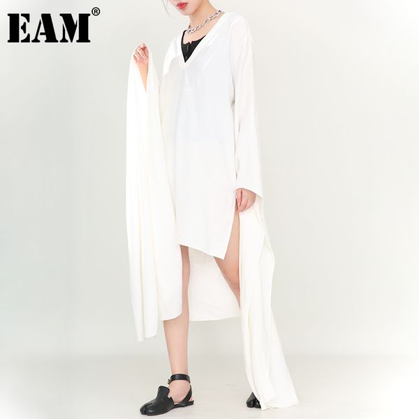 

[eam] women white ribbon irregular back long dress v-neck long sleeve loose fit fashion spring summer 1u68500 210512, Black;gray