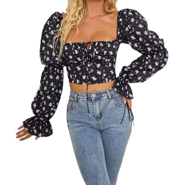 

women's blouses & shirts 2021 fashion elegant floral print lady blouse women puff long sleeve square collar crop holiday casual tie, White