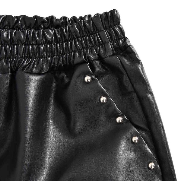 

pu leather women rivet black short streetwear high ladies winter casual elastic waist shorts d30 210304, White;black