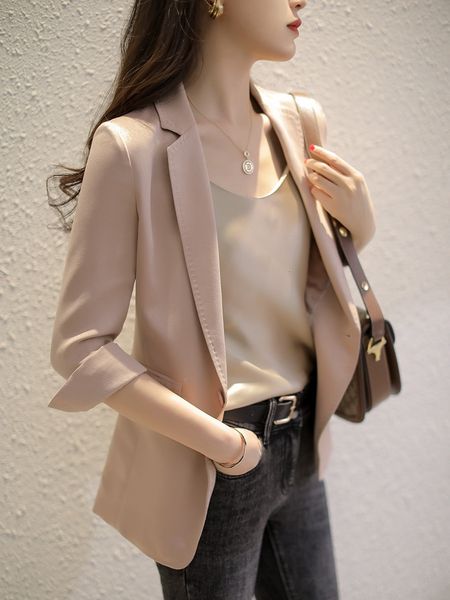 

ets light luxury slim small coat women's casual seven sleeve pink silk suit thin summer hanging feeling, Black;brown