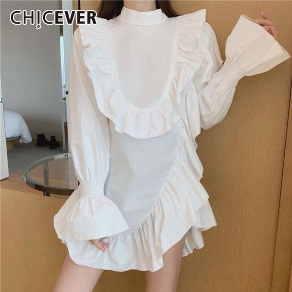 

casual dresses chicever korean patchwork ruffle dress women stand collar flare sleeve asymmetric oversize loose mini 2021 clothes, Black;gray