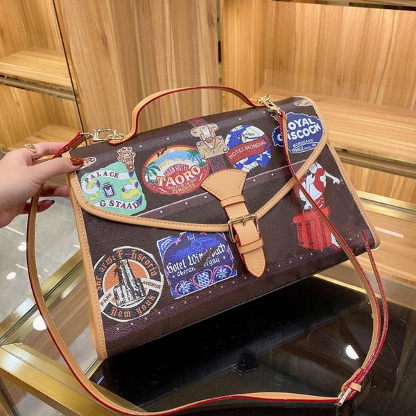 

style messenger bag graffiti badge print handbag purse adjustable belt shoulder bag old flower flap crossbody bags tote bag pocket