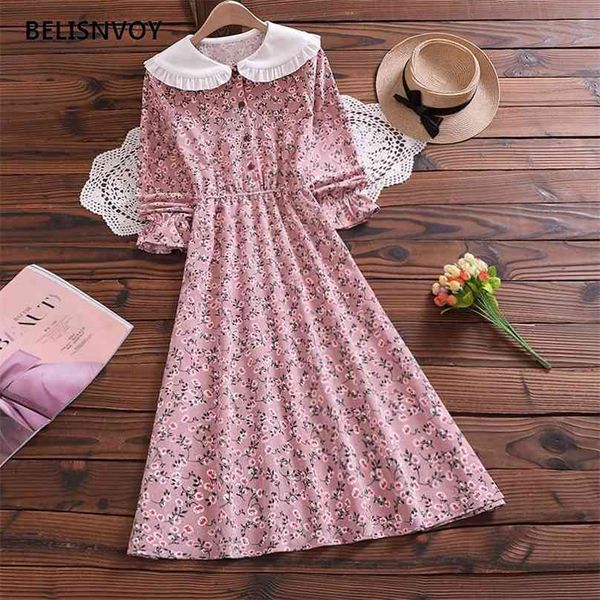 

mori girl sweet dress autumn women floral printed midi es peter pan collar female flare sleeve a-line vestidos 210520, Black;gray