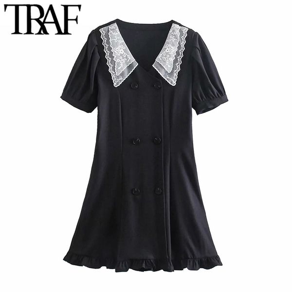

traf women sweet fashion with lace ruffled mini dress vintage puff sleeves button-up female dresses vestidos mujer 210415, Black;gray