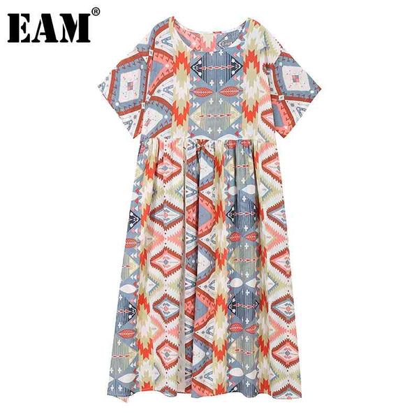 

[eam] women apricot pattern printed long dress round neck short sleeve loose fit fashion spring summer 1dd8687 210512, Black;gray