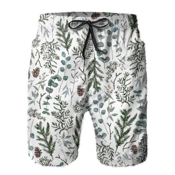 

men's shorts men pine and eucalyptus greenery beach board swimming sport quick dry vintage christmas for adult, White;black