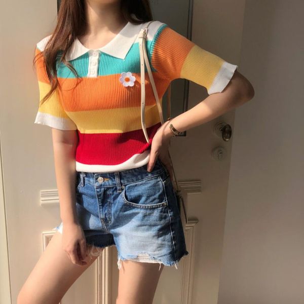 

women's sweaters women girl summer short sleeve pullover color stripe knitted cute sweet basic knitwear outwear top, White;black