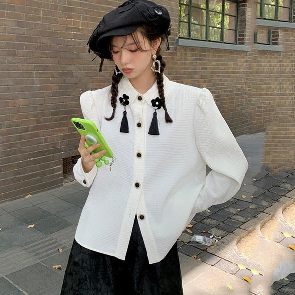 

women's blouses & shirts [ewq] korea chic blouse women autumn 2021 simple casual laple loose single breasted long sleeve shirt female f, White